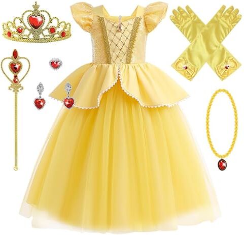 YOSICIL Ragazza Principessa Belle Costume Vestito Abiti di Halloween Cosplay Costume Ragazza Compleanno Partito Carnevale Vestiti Abiti Disney Costumi Vestire Girls Dress Belle