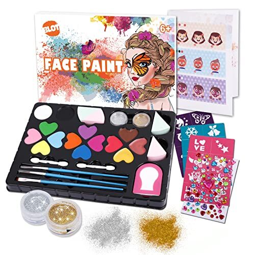 BLOT Colori Trucco Viso Bambini 4 Colori Non Tossico Pittura Facciale con Pennelli Spugna Glitter Body Painting per Natale Trucco Carnevale Pasquale