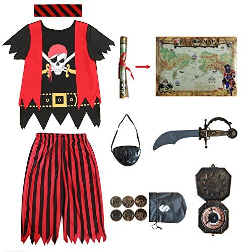 Rabtero Costume Pirata Bambini, Costume Pirata Deluxe Ragazzi, Set 8 Pezzi di Cosplay Pirata, Costume Pirata con Accessori per Bambini 5-6 Anni