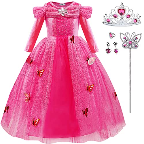 LiUiMiY Vestito Principessa Bambina Carnevale Abito Costume Bambini Manica Lunga Halloween Natale Festa Nuziale Rosa, 134-140 (Etichetta 140)