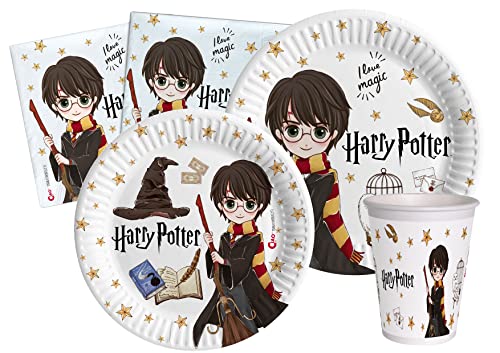 Ciao Kit Party Tavola Harry Potter per 8 persone (44 pezzi: 8 piatti Ø23cm, 8 piatti Ø18cm, 8 bicchieri 200ml, 20 tovaglioli 33x33cm) in carta compostabile eco-friendly