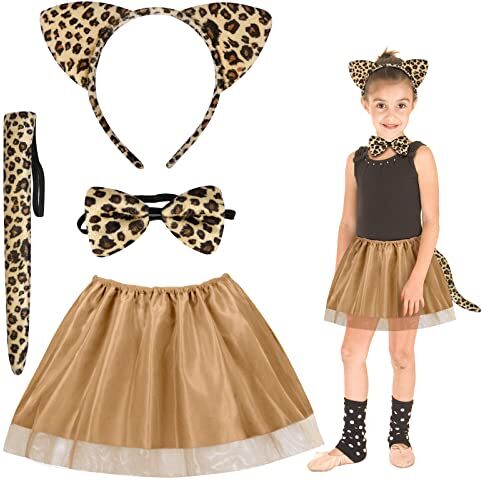 Fennoral 4pz Set Costume Leopardo Bambina Costumi Animali Bambini Costume per Travestimento da Leopardo-Fascia Papillon Coda Tutù Tulle-per Carnevale Travestimento Imitazione Cosplay Festa Regalo