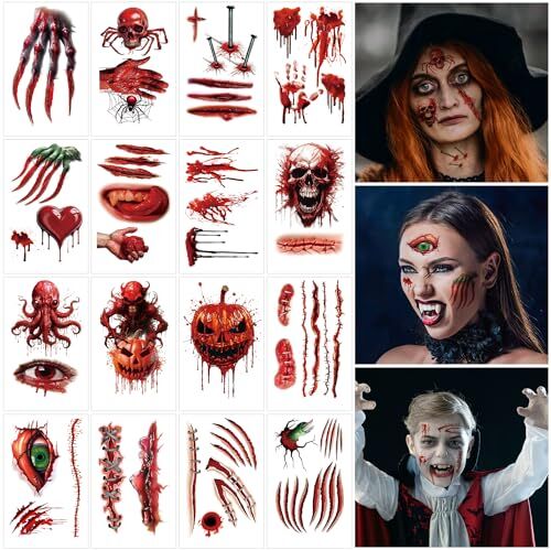 AIRNOGO Tatuaggi Halloween Viso 16 Fogli, Tatuaggi Temporanei Halloween Zombie Scar Tattoos con Sangue Finto, Cicatrici Finte,Costume Speciale Trucco per Bambini Adulti Cosplay