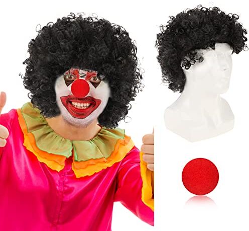 Pwsap Parrucca Afro, Funky Parrucca Corta Riccia Pagliaccio Parrucca con Ricci per Party Travestimento Carnevale Halloween Cosplay Props Foto Circo Unisex per Donne Uomini, con Nasi Rossi da Clown, Nero