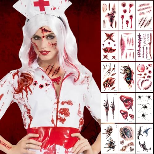 UneedMe Tatuaggi Halloween Tatuaggi Temporanei Trucco Halloween Zombie Scars Tatouages ​​Autocollants avec Fake Scab Blood Spécial FX Costume Maquillage Props