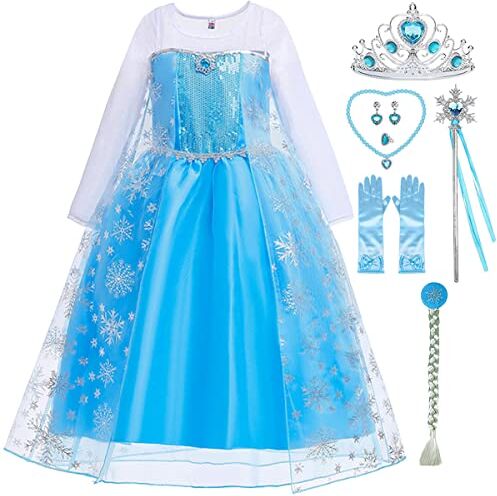 Snyemio Vestito da Principessa Elsa Costume Bambina Abito Regina Ghiaccio Travestimento Blu Carnevale Halloween per Bimba, 2-3 Anni