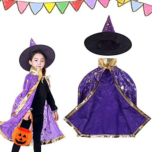 Tuofang Mantello da Strega di Halloween, Costume Bambina, Mantello da Mago per Bambini con Cappello y Borsa di zucca, per Festa di Cosplay di Halloween per Ragazzo e Ragazza (Viola)