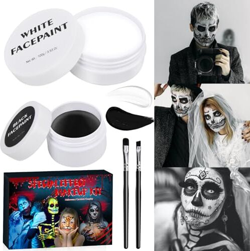 Ulikey Pittura per Viso e Corpo Nero Bianca, Trucco In Bianco e Nero, Bianco e Nero Body Painting Halloween Clown Zombie Trucco Vampiro Cosplay, Set Halloween Cicatrice Per Bambini e Adulti