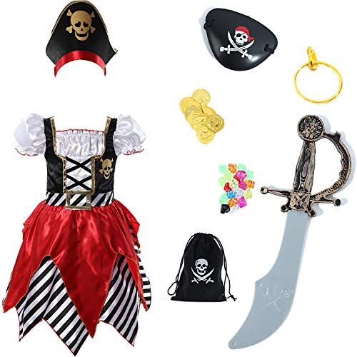 Rabtero Costume pirata per bambini, Ragazze di lusso Pirate Princess Dress Up con 7pcs Accessori, Pirate Cosplay Dress Up Set per bambini 3-4 anni