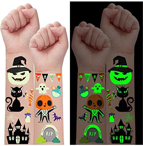 Leesgel Halloween Decorazioni, 130 Stili Luminoso Tatuaggi Bambini Scheletro/Vampiro/Fantasma, Caramelle Trucchi Gadget Festa Compleanno Regalo Accessori Party