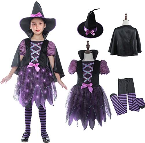 Sincere Party Deluxe Accendere Viola Strega Costume per ragazze insieme a Cappello e Collant 3-4 anni