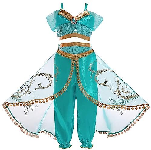 Monissy Bambine Costumi Aladdin Principessa Jasmine Abiti Ragazze Parrucca Fascia Travestimento Natale Compleanno Halloween Carnevale Festa Top Pantaloni Danza Cosplay,Verde,120