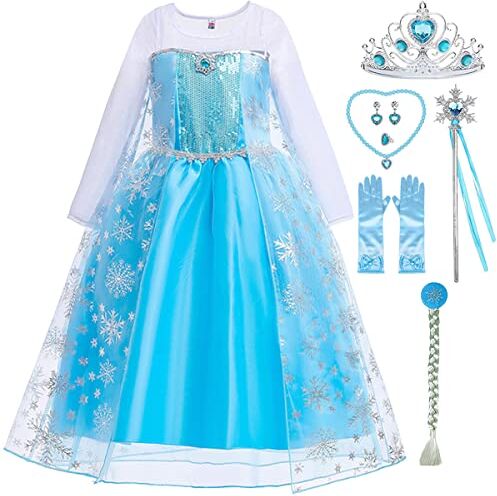 Snyemio Vestito da Principessa Elsa Costume Bambina Abito Regina Ghiaccio Travestimento Blu Carnevale Halloween per Bimba, 7-8 Anni