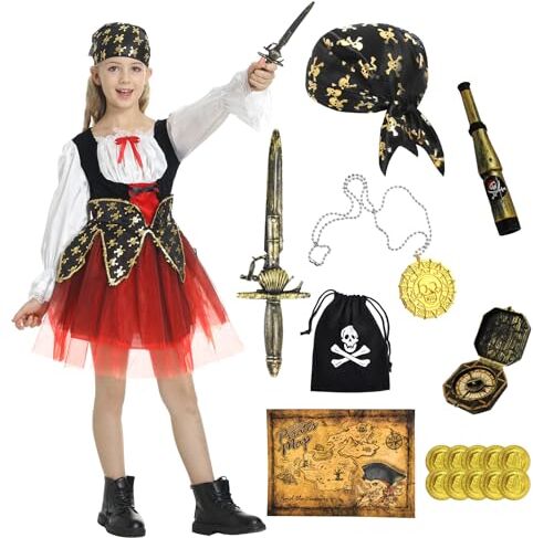 WELLCHY Vestito da Pirata Accessori Set con Cappello, Paraocchi, Bussola, Costume da Pirata per Ragazzi per Carnevale Halloween (L, 7-9 anni, Ragazze)