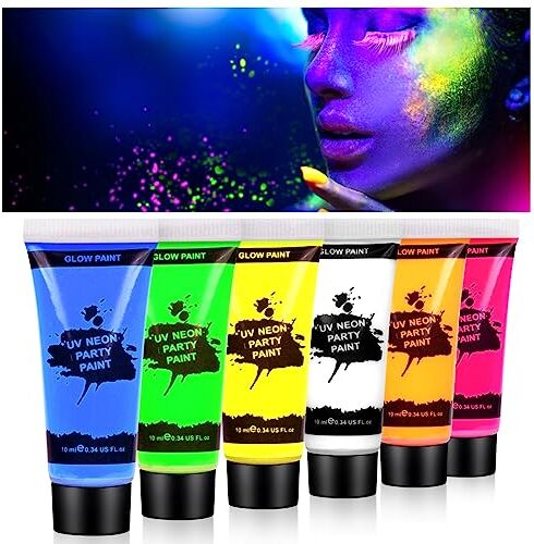 AOOWU Trucco Neon, 6 Colori Neon Corpo Pittura Viso e Corpo, UV Face Paint UV Trucco Glow Sicuro e Non Tossico, Fluo Party Gadget Neon Glow Fluo per Halloween, Carnevale