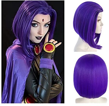 COSPLAZA Rachel Roth Raven Titans Donne Ragazze Supereroe Dritto Viola Parrucca corta con Picco della Vedova Parrucche Cosplay Sintetico per Halloween Costume Party Anime Show Parrucca