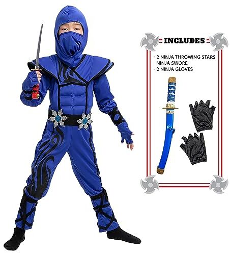 Spooktacular Creations Striking Blue Ninja Costume for Child Stealth Costume Halloween Kids Kung Fu Outfit (Medium (8-10 yrs))