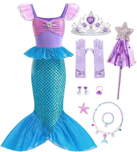 LiUiMiY Costume da Sirenetta Ragazze Vestito Principessa Ariel con Accessori per Bambina Halloween Natale Carnevale Festa Compleanno, 2-3 Anni (Etichetta 100)