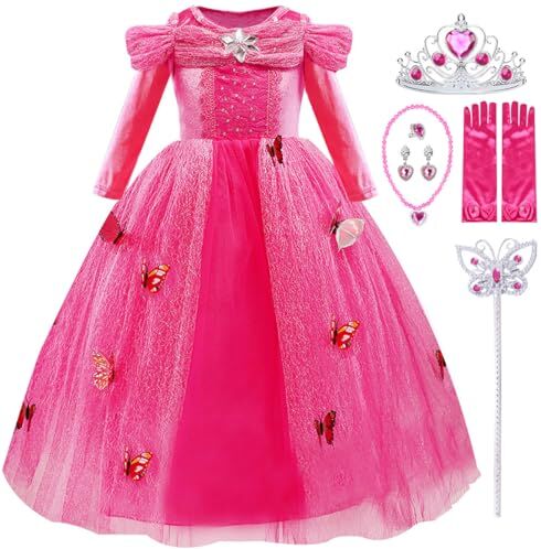 LiUiMiY Vestito Principessa Bambina Carnevale Abito Costume Bambini Manica Lunga Halloween Natale Festa Nuziale Rosa con Accessori, 128-134 (Etichetta 130)