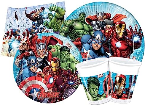 Ciao Kit Party Tavola Marvel Avengers Mighty per 24 persone (112 pezzi: 24 piatti carta Ø23cm, 24 piatti carta Ø20cm, 24 bicchieri plastica 200ml, 40 tovaglioli carta 33x33cm)