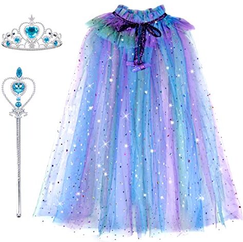 Landifor 3pz Mantello Colorato della Principessa Mantello Principessa Bambina Mantello della Principessa Set-Mantella in Tulle Corona Bacchetta-per Bambina Travestimento Carnevale Cosplay Feste(71cm)