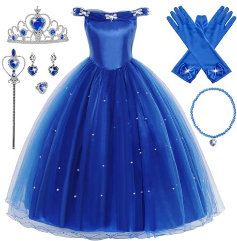 YOSICIL Ragazza Principessa Cenerentola Costume Manicotto a Sbuffo Festa Vestito Costume da Cenerentola per Bambina Halloween Cosplay Carnevale Festa Compleanno Abiti Accessori,Blu,100