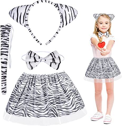 Fennoral 4pz Set Costume Zebre Bambina Costumi Animali Bambini Costume per Travestimento da Zebra -Fascia Zebre Papillon Coda Tutù Tulle-per Carnevale Travestimento Imitazione Cosplay Festa Regalo