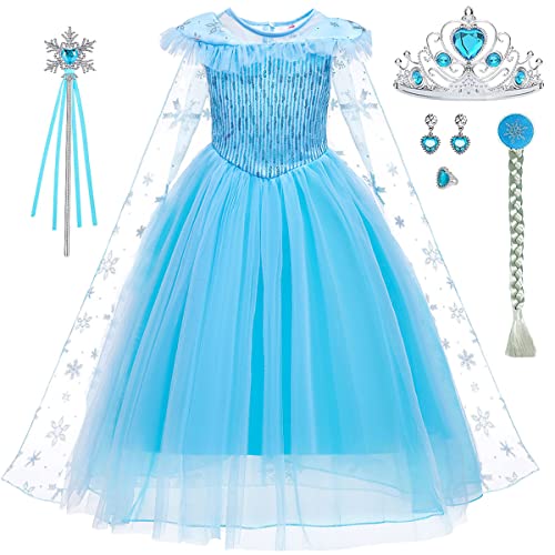 LiUiMiY Bambina Abiti da Principessa Elsa Bambini Fancy Costumes di Halloween Carnevali Vestito da Festa Mantello Lungo Blu, 120-130 (Etichetta 130)