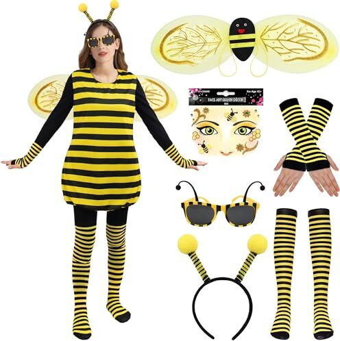 Firecos Costume da Ape Adulto Animale Costume Ape Vestito 6 Pezzi Accessori con Ali Fascia Antenna Occhiali da Sole Guanti Calzini per Carnevale (M-40-42, Giallo con Adesivo)