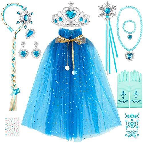 DONGQI 2 PCS Costume Vestito Bambina Principessa, Elsa Corona Bacchetta Guanti Treccia, Elsa Costume di Cosplay Party Halloween Costume Abito delle Ragazze di Natale Vestito Fantasia