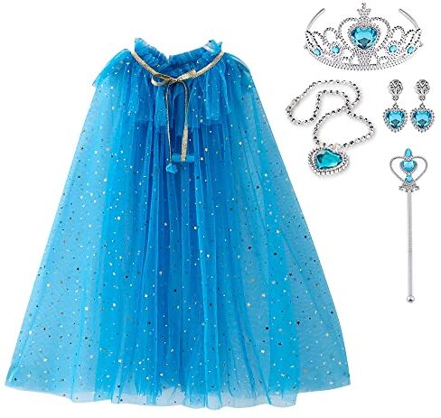 skyllc Principessa mantello bambini, mantello di tulle glitter per ragazze, principessa mantello di paillettes con orecchini collana corona bacchetta magica (blu)