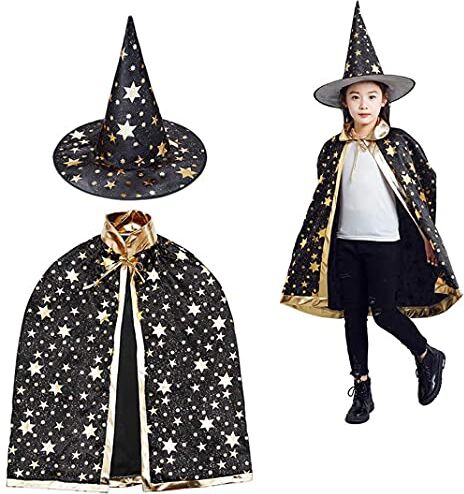 CHUANGOU Costumi da streghe di Halloween ， mantello da mago con cappello ， mantello da mago e cappello per， per cosplay di feste di ragazzi e ragazze. (Nero)