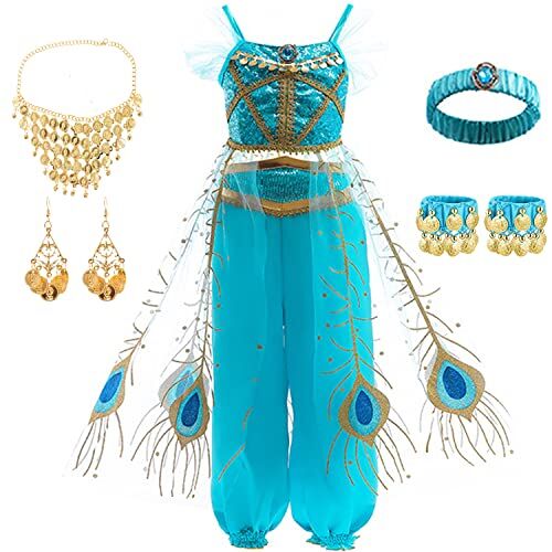 Windskids Principessa Jasmine Costume e Accessori Bambina Cosplay Aladino Performance di Danza Abito da Principessa Natale Carnevale Halloween Festa di Capodanno Abiti da Sera per Bambini Età 3-9 anni