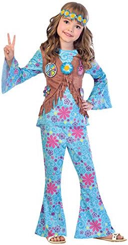 amscan Costume hippie floreale blu con gilet e copricapo a fiori, età 10-12 anni, 1 pezzo