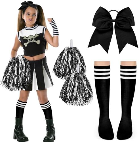 DPKOW Donna Cheerleader Costume Accessori, Ragazze Cheerleader Costume Carnevale Colonia Donna Calcio Accessori Cheerleader Pom Poms Nero Archi Capelli Gag Calze Ragazze Accessori Halloween