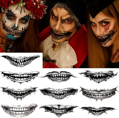 Flyftrey 10 Fogli Halloween Tatuaggi Temporanei, Tatuaggio Viso Bocca Cranio Nero Scheletro clown horror bocca Braccio Corpo Tattoos Adesivi per Donna Uomini Adulti Makeup Masquerade feste Party Puntelli