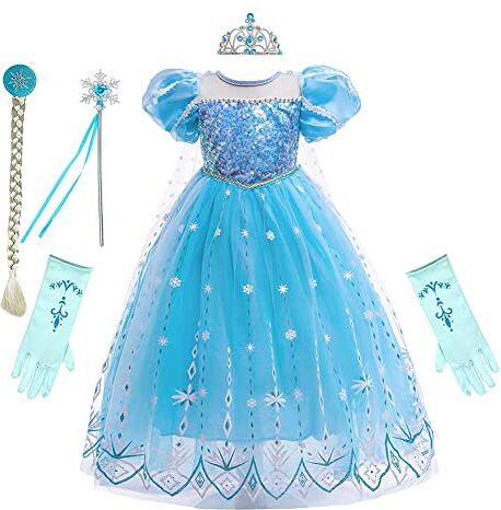 REXREII Vestitos da Principessa Frozen Elsa per Ragazze Carnevale Costumi Travestimento Compleanno Festa Nozze Cerimonia Natale Halloween Cosplay Vestire con Accessori 7-8 anni