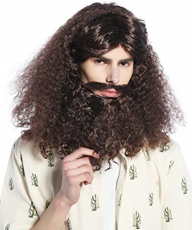 WIG ME UP -210331-P4 Parrucca & Barba Set Carnevale Halloween Lunga Riccia Castano Guru Hippie Hipster