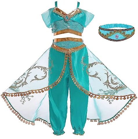 Monissy Bambine Costumi Aladdin Principessa Jasmine Abiti Ragazze Parrucca Fascia Travestimento Natale Compleanno Halloween Carnevale Festa Top Pantaloni Danza Cosplay,Verde+Fascia,140