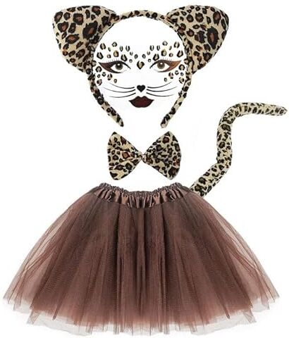 EUPSIIU 5 Pezzi Costumi Animali Bambini, Tutu Gonna, Pegatina con Estampado de Leopardo, Cerchietti Orecchie Animali, Coda, Papillon, per Carnevale Festa di Compleanno Halloween Costume (Marrone)