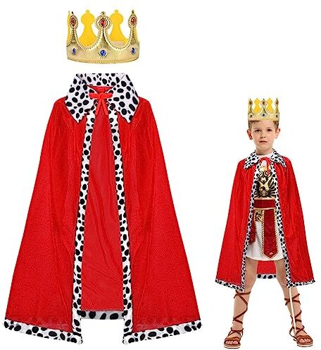 AOOWU Mantello Reale, Mantello da Principe Costume da Re Bambino con Corona Re, Mantello Rosso Set Mantello del Re per Halloween Carnevale e Feste a Tema(80CM-Bambino)