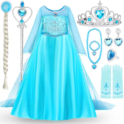 MULEVIP Elsa Vestito Set,Costume Vestito Bambina Principessa,Elsa Costume Ragazze Principessa,Set da Principessa Corona Bacchetta Guanti Treccia,Cosplay Party Halloween Abito Ragazze di Natale 110