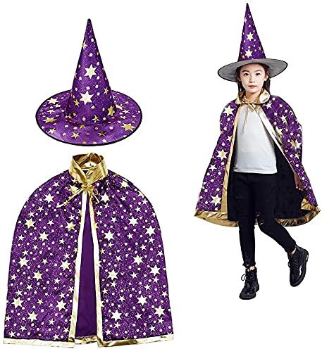 CHUANGOU Costumi da streghe di Halloween ， mantello da mago con cappello ， mantello da mago e cappello per， per cosplay di feste di ragazzi e ragazze. （viola ）