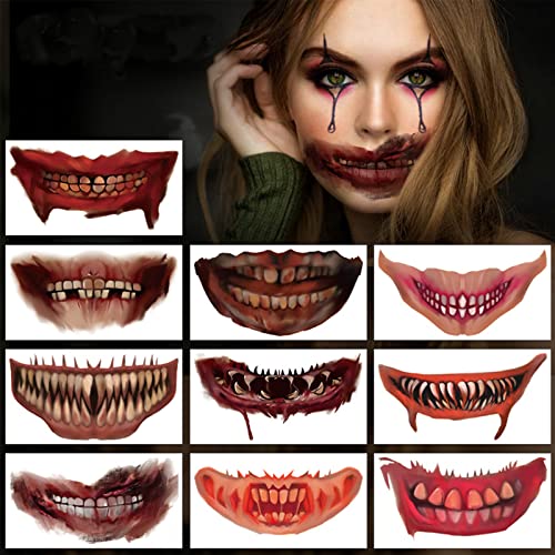 Bseical 10 Modelli Halloween Tatuaggi Viso Temporanei,Tatuaggi Halloween,Tatuaggi Halloween Teschio Alla Bocca Cicatrici Finte Denti Da Vampiro Adesivi Per Tatuaggi Di Zombie Per Horror Party Decorazione