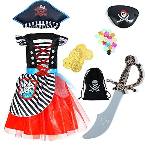 Rabtero Costume pirata per bambini, ragazze aggiornato Deluxe Pirate Princess Dress, con 7pcs Accessori pirata per bambini 3-4 anni