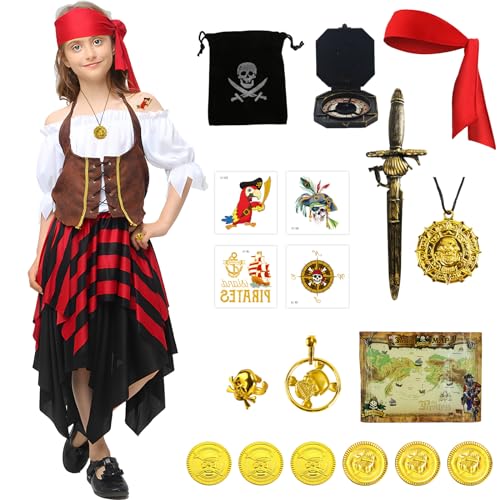Guiffly Costume Pirata Bambino, Vestito Pirate Bambina con Pirata Bandana Toppa Bussola Borsa Orecchino, Pirata Costumi Carnevale Bambino Vestito Cosplay(L)