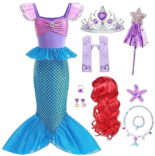 Tyidalin Costumi Sirenetta Principessa Ariel Bambine Vestito Sirena Ragazza con Parrucca per Festa Compleanno Carnevale Halloween