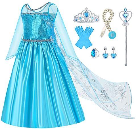 Gridamea Vestito Elsa Frozen Bambina-Costume Anna Ghiaccio Abito da Principessa con Corona/Bacchetta/Guanti/Treccia/Orecchini/Anello per Bambini Compleanno, Halloween, Feste, Cosplay