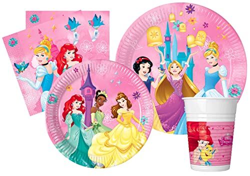 Ciao Kit Party Tavola Disney Princess Live Your Story per 8 persone (44 pezzi: 8 piatti carta Ø23cm, 8 piatti carta Ø20cm, 8 bicchieri plastica 200ml, 20 tovaglioli carta 33x33cm)