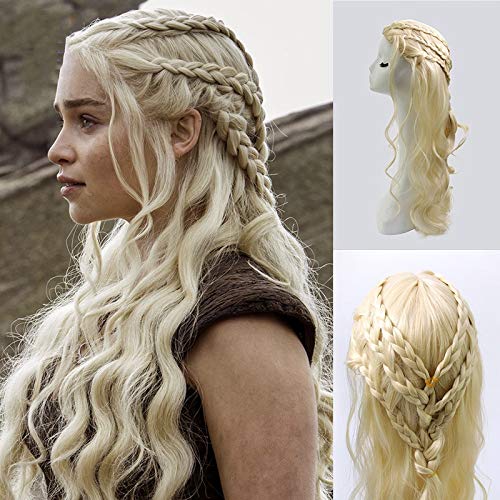 LINLINCD Parrucca anime cosplay Game of Thrones Cosplay Parrucca Drago Madre Daenerys Targaryen Gold Long Wavy Bionda Haarring Halloween Party Costume Parrucche